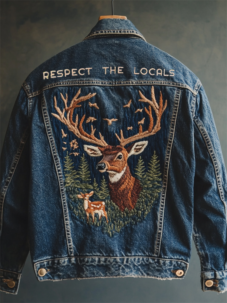 Respect The Locals Forest Deer Embroidered Denim Jacket