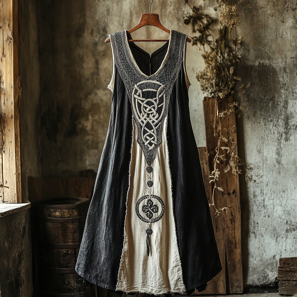 Tribal Celtic Embroidery Patchwork Art Linen Tank Dress Tribal Celtic Embroidery Patchwork Art Linen Tank Dress