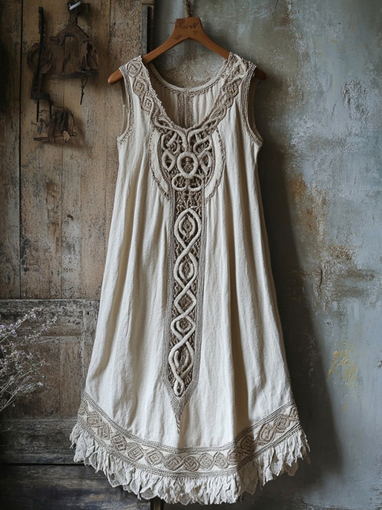 Vintage Tribal Celtic Knot Lace Art Linen Tank Dress