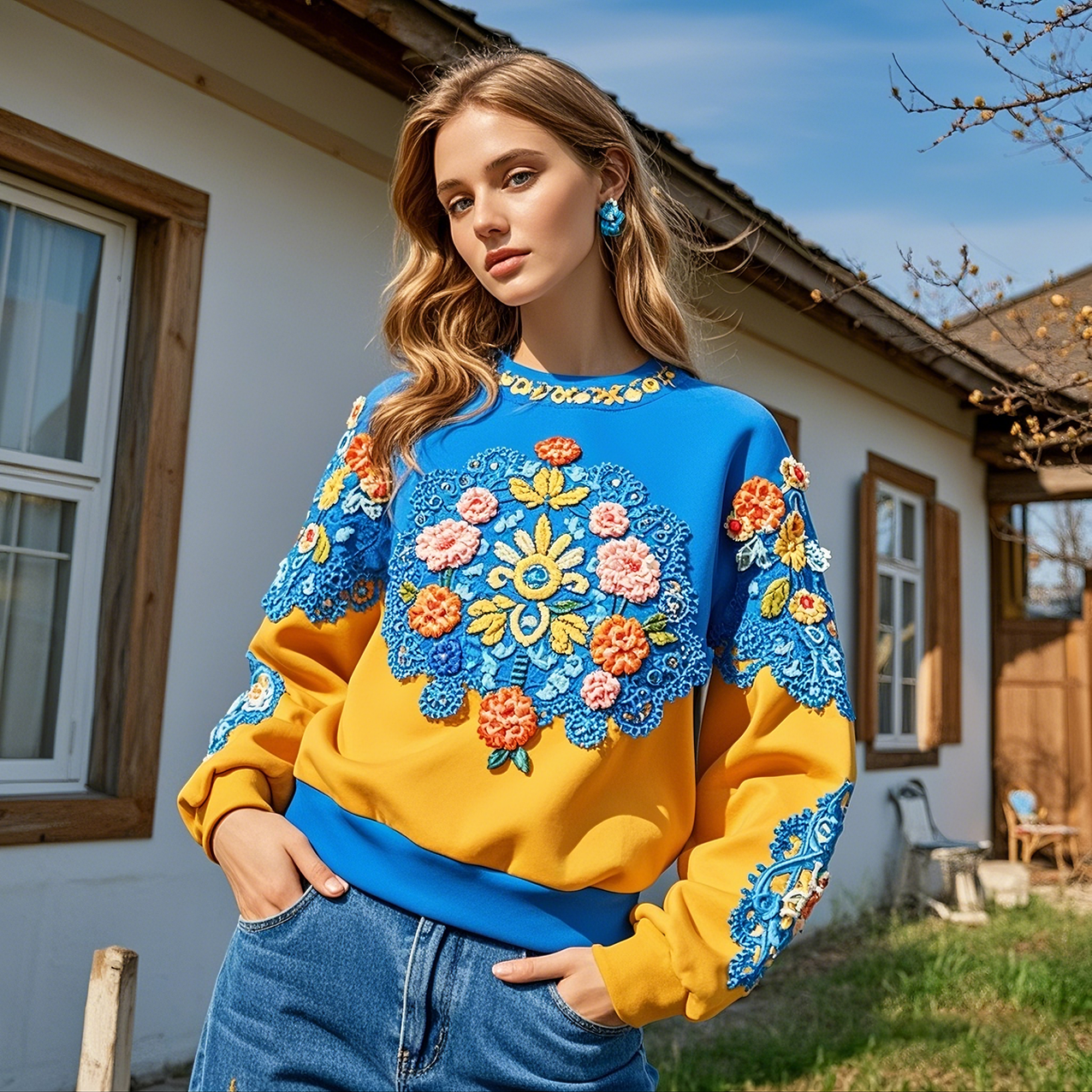 Ukraine Floral Embroidered Crew Neck Casual Sweatshirt