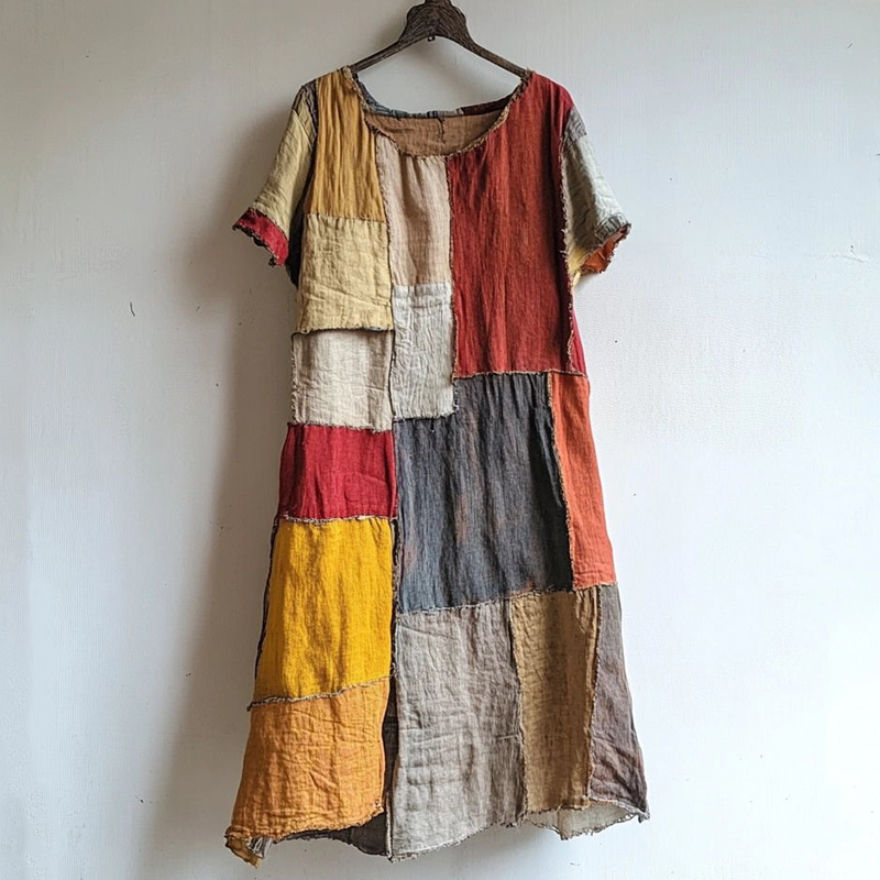 Vintage Patchwork Art Linen Blend Midi Dress Vintage Patchwork Art Linen Blend Midi Dress