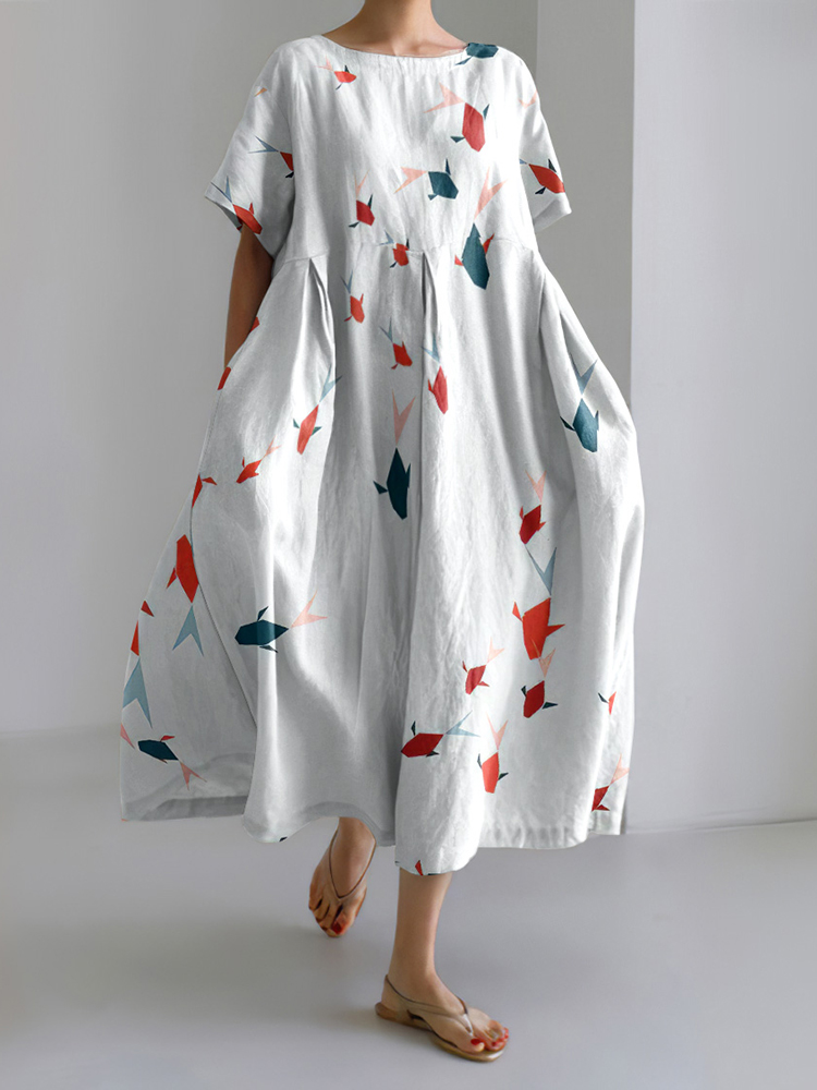 Fish Print Round Neck Short Sleeve Loose Midi Dress