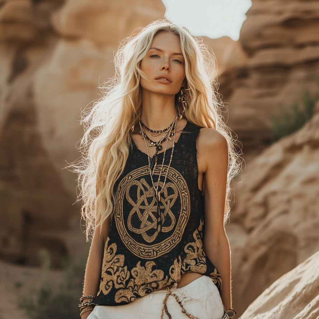 Women's Viking Tribal Ethnic With Celtic Knot Pattern Art Linen Sleeveless Top Women's Viking Tribal Ethnic With Celtic Knot Pattern Art Linen Sleeveless Top