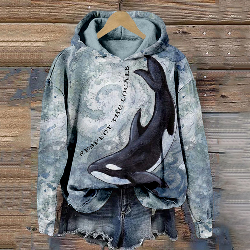 Respect The Locals Embroidered Whales Print Cozy Hoodie