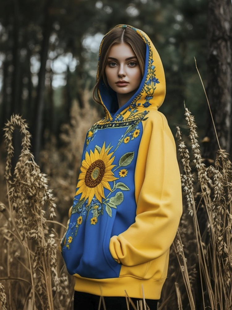 Ukrainian Sunflower Embroidered Print Women's Hooded Sweatshirt