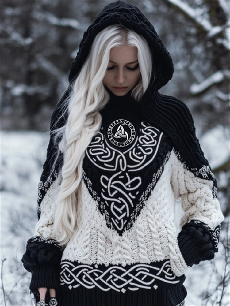 Viking Embroidered Celtic Contrast Color Cozy Chunky Hooded Sweater