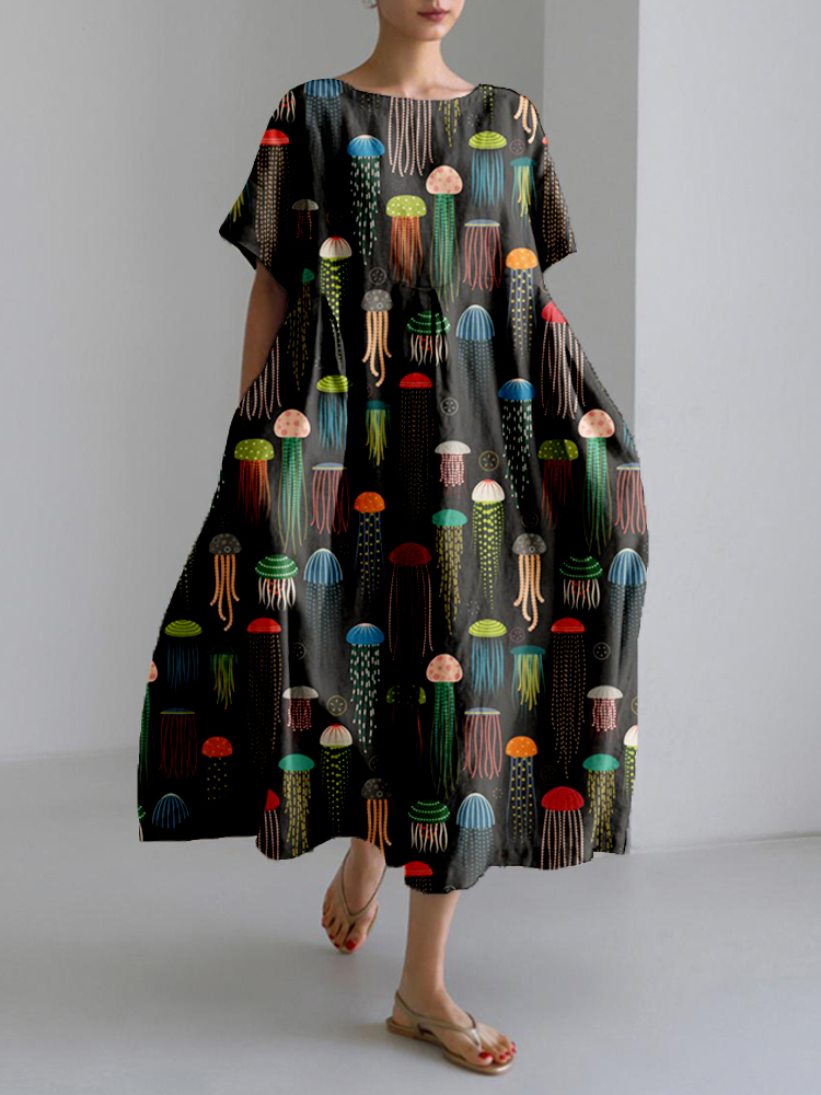 Colorful Jellyfish Art Pattern Linen Blend Maxi Dress Colorful Jellyfish Art Pattern Linen Blend Maxi Dress
