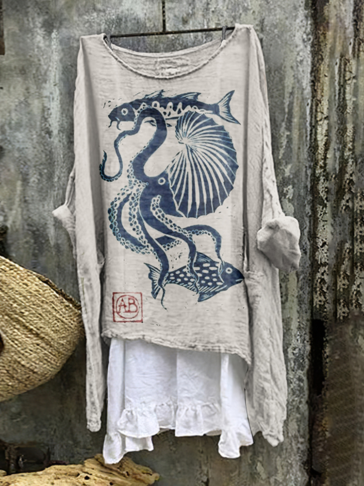 Vintage Japanese Art Ocean Octopus Linen Blend Shirt