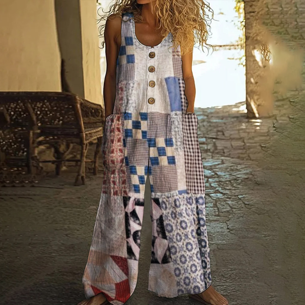 Vintage Square Patchwork Boho Art Women's Linen Wide Leg Jumpsuit Vintage Square Patchwork Boho Art Women's Linen Wide Leg Jumpsuit