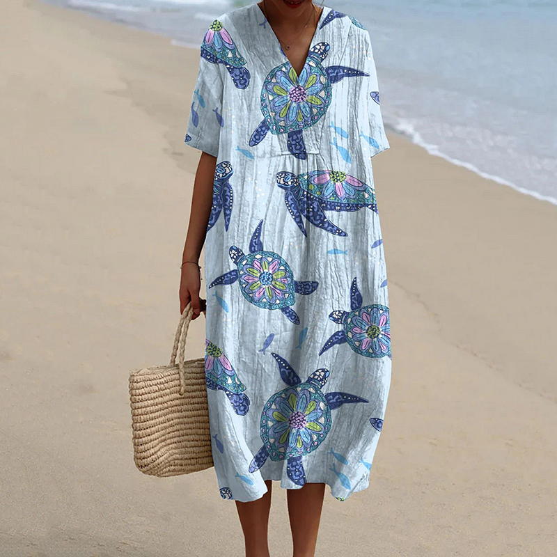 Women's Resort Collection Watercolor Turtle Pattern Pattern Casual Flowy Midi Dress Women's Resort Collection Watercolor Turtle Pattern Pattern Casual Flowy Midi Dress