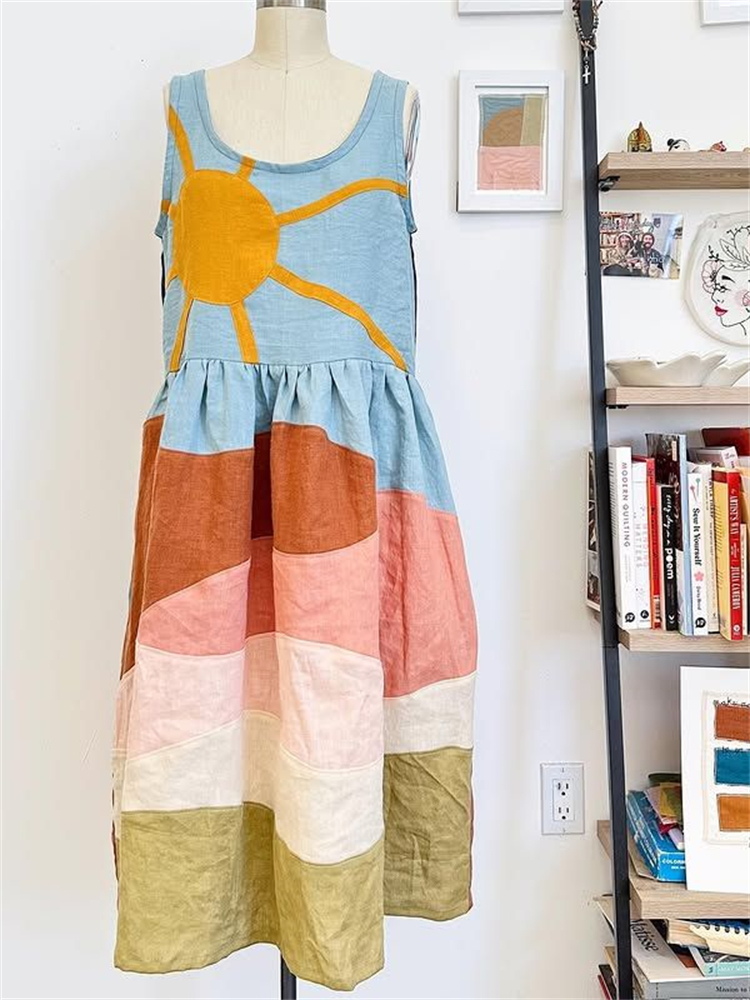 Day & Night Contrast Landscape Colorblock Linen Dress