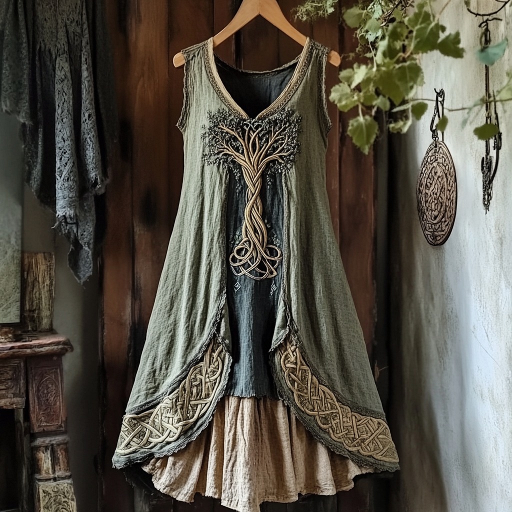 Viking Tree Of Life Celtic Knot Patchwork Art Linen Tank Dress Viking Tree Of Life Celtic Knot Patchwork Art Linen Tank Dress