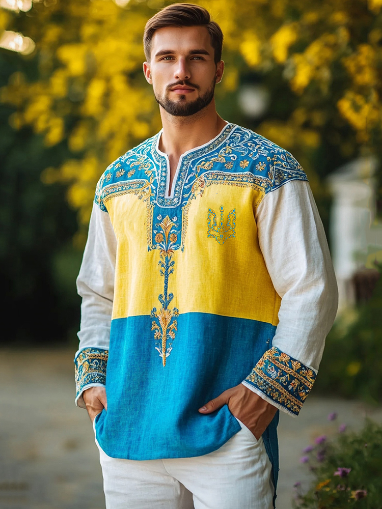 Men's Ukrainian Embroidered Trident Contrast Shirt
