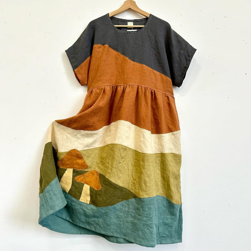 Mushroom Landscape Colorblock Patchwork Linen Dress Mushroom Landscape Colorblock Patchwork Linen Dress