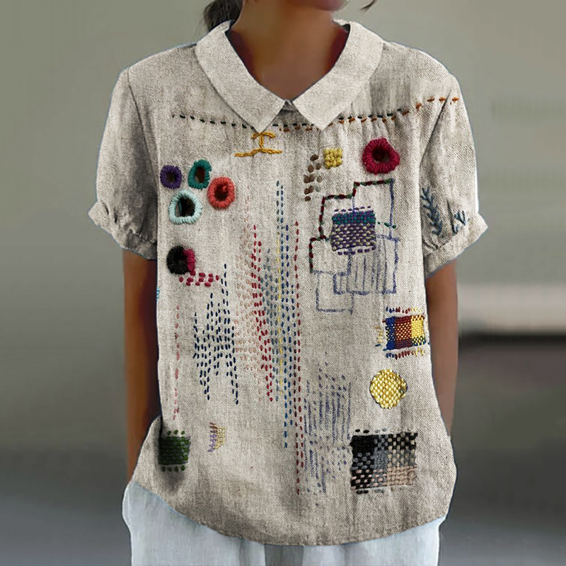 Colorful Embroidered Japanese Sashiko Art Linen Blend Shirt Colorful Embroidered Japanese Sashiko Art Linen Blend Shirt