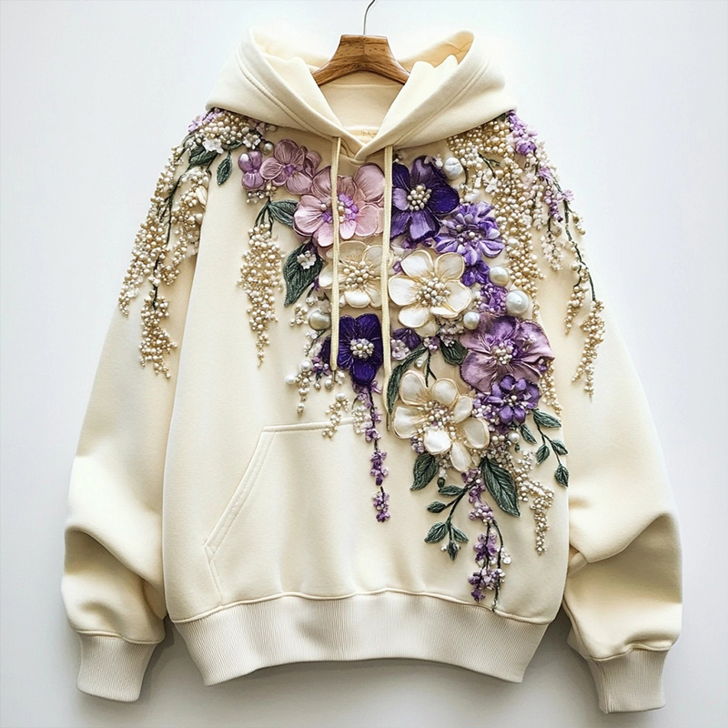 Women's Flowers Beaded Embroidered Art Cozy Hoodie Women's Flowers Beaded Embroidered Art Cozy Hoodie