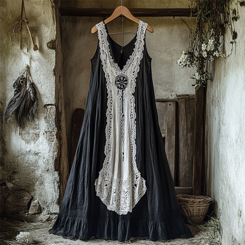Viking Vegvisir Embroidered Lace Contrast Linen Tank Dress Viking Vegvisir Embroidered Lace Contrast Linen Tank Dress