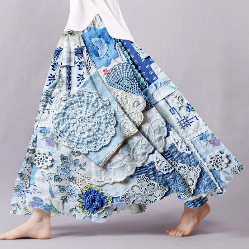 Vintage Bohemian Patch Textile Linen Skirt Vintage Bohemian Patch Textile Linen Skirt