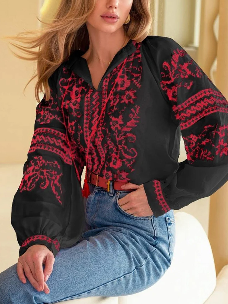 Women's Casual Ukrainian Ethnic Embroidered Long Sleeve Shirt