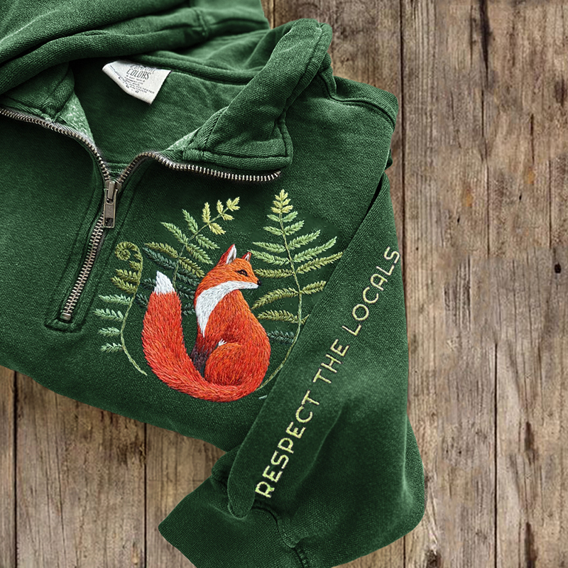 Respect The Locals Fox Fern Embroidered Zip Up Sweatshirt Respect The Locals Fox Fern Embroidered Zip Up Sweatshirt