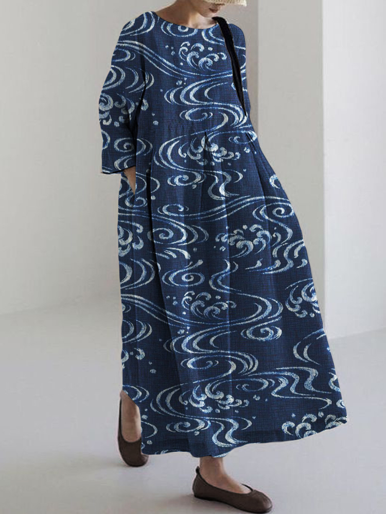 Sea Waves Japanese Art Linen Blend Maxi Dress
