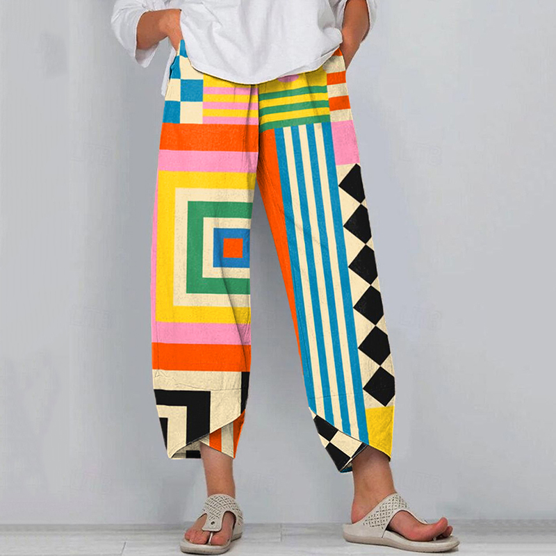 Women's Abstract Art Geometric Pattern Linen Blend Pants Women's Abstract Art Geometric Pattern Linen Blend Pants