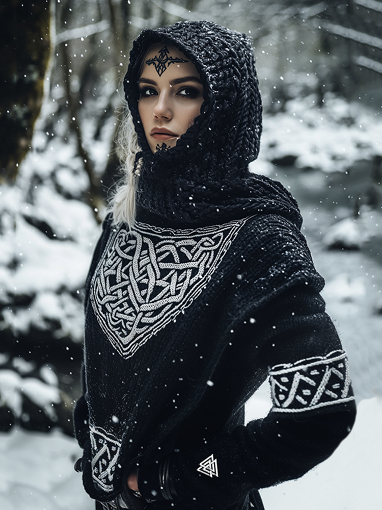 Women's Viking Tribal Jacquard Celtic Inspired Chunky Knit Hooded Sweater