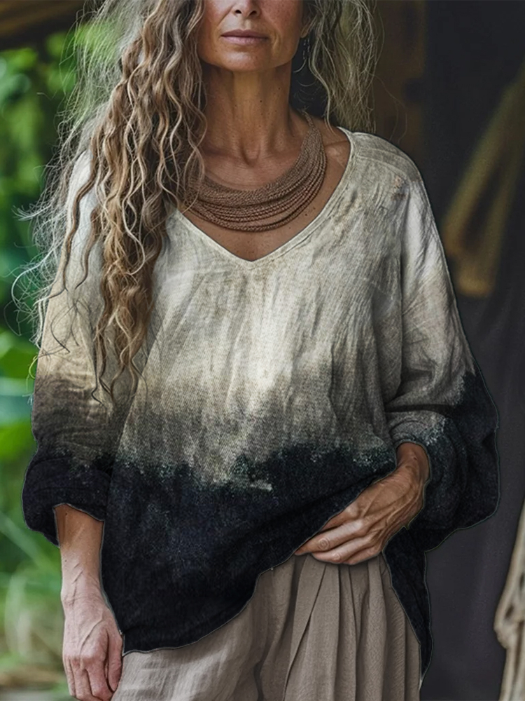 Classy Contrast Dyed V Neck Linen Tunic