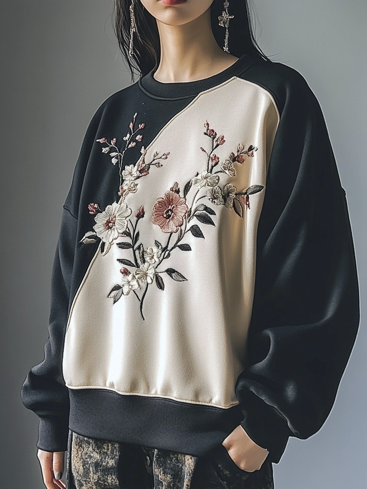 Handmade Floral Embroidery Color Clash Women's Loose Sweatshirt
