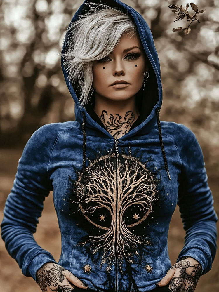 Vintage Mystical Tribal Tree Of Life Printed Women's Zip Hoodie Jacket
