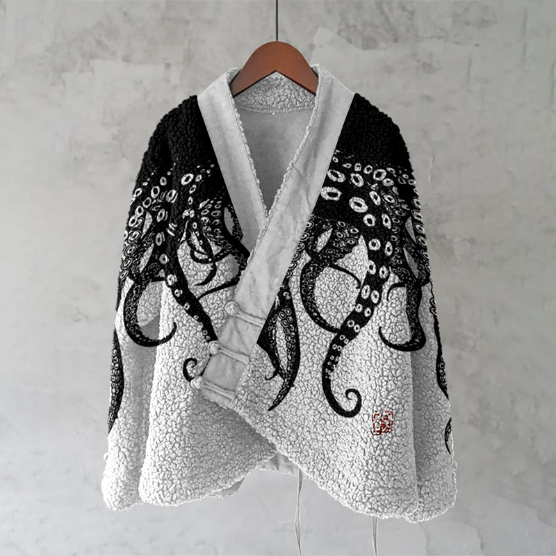 Vintage Octopus Art Painting Pattern Fleece Kimono Cardigan Vintage Octopus Art Painting Pattern Fleece Kimono Cardigan