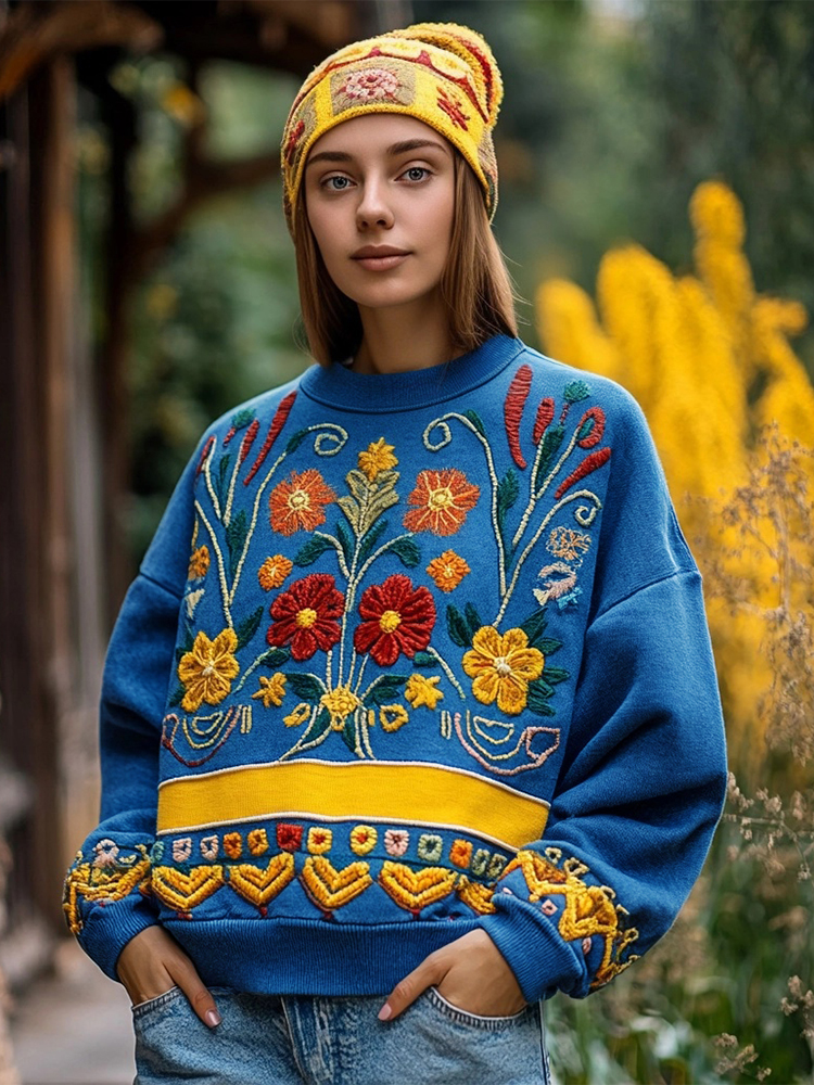 Ukrainian Folk Floral Embroidered Vintage Cozy Sweatshirt
