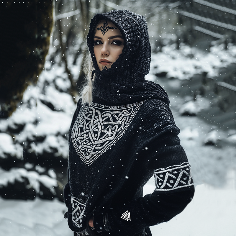 Women's Viking Tribal Jacquard Celtic Inspired Chunky Knit Hooded Sweater Women's Viking Tribal Jacquard Celtic Inspired Chunky Knit Hooded Sweater