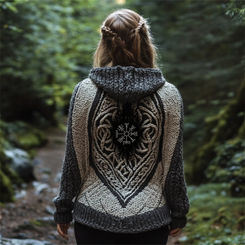 Vintage Viking Vegvisir Celtic Cozy Chunky Hooded Cardigan