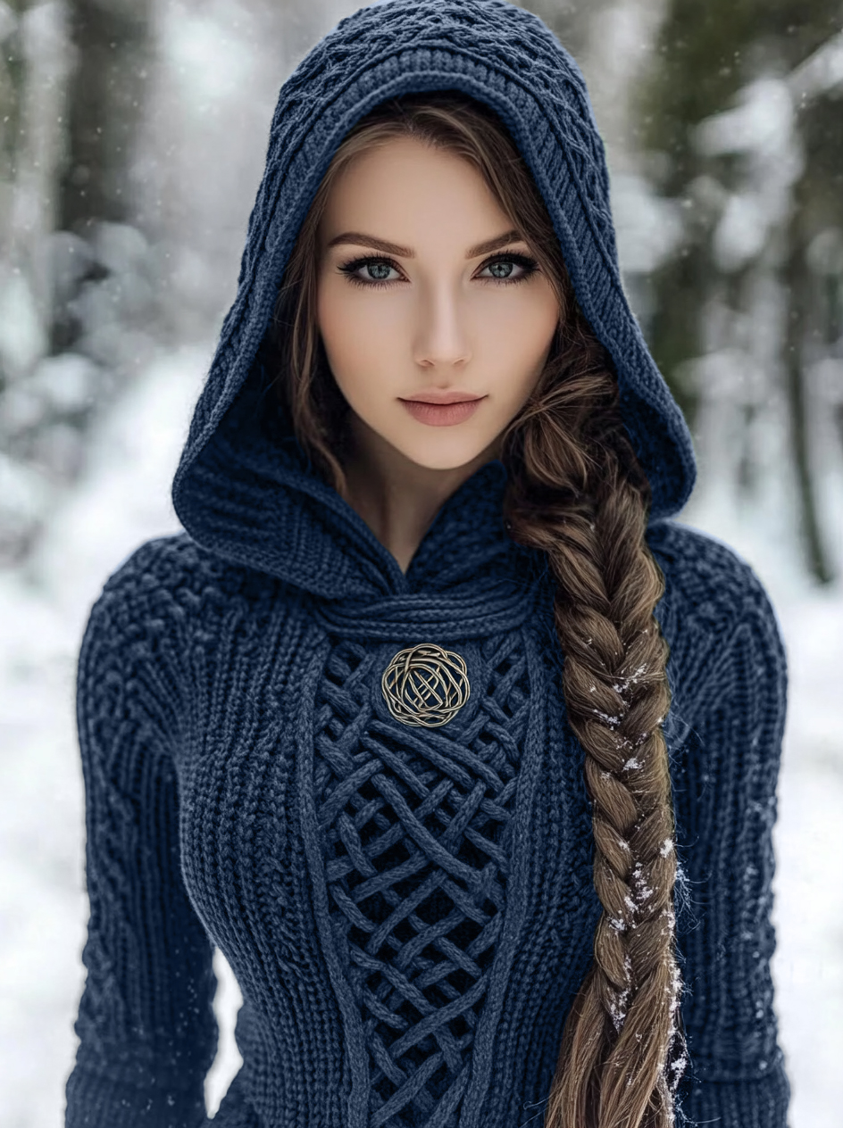 Women's Viking Style Knitted Cozy Hooded Sweater