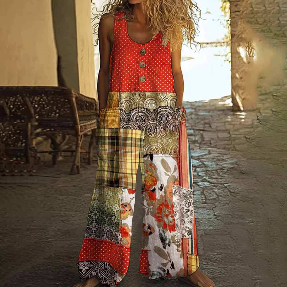 Vintage Square Patchwork Polka Dot Art Women's Linen Wide Leg Jumpsuit Vintage Square Patchwork Polka Dot Art Women's Linen Wide Leg Jumpsuit