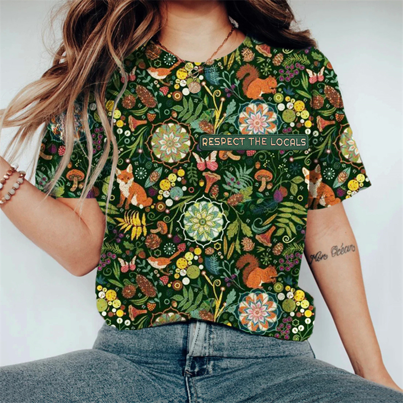 Respect The Locals Embroidered Animals Floral Pattern T Shirt