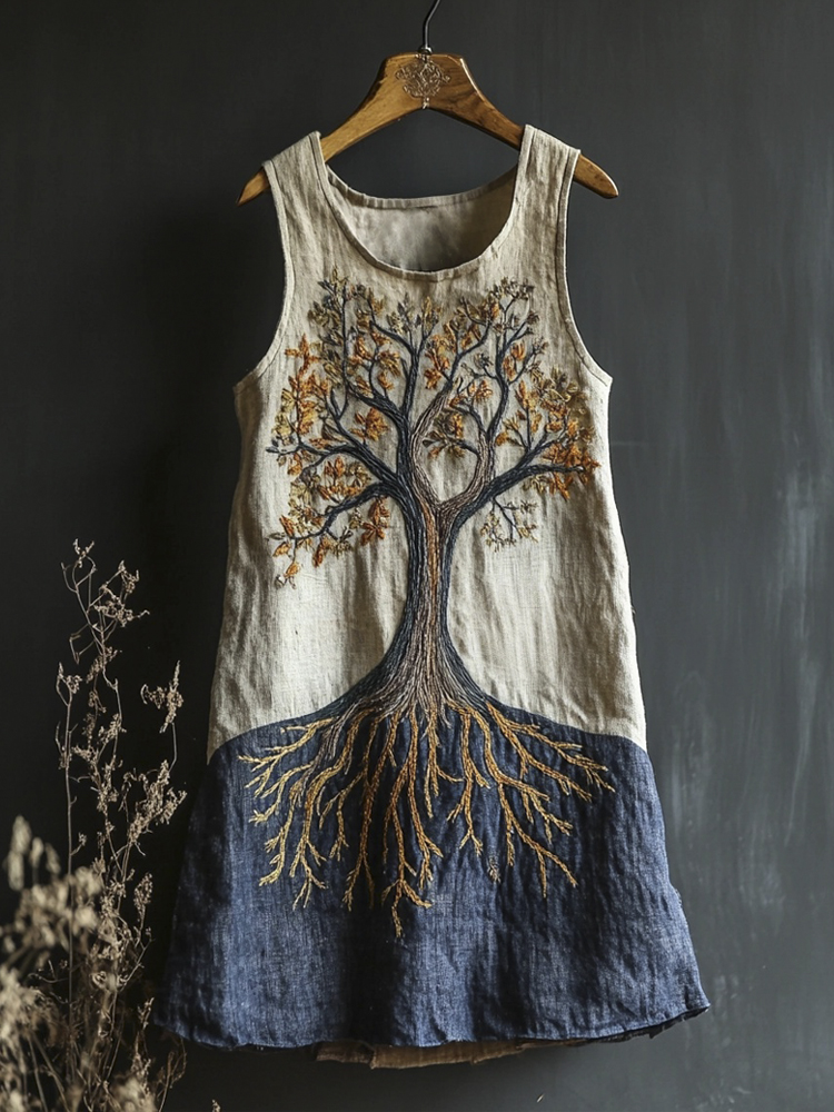Tree Of Life Embroidered Vintage Art Women's Linen Vest Dress