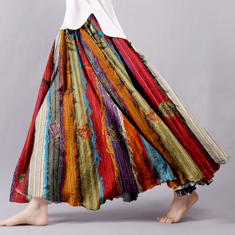 Boho Colorful Textile Flowy Linen Blend Wide Skirt