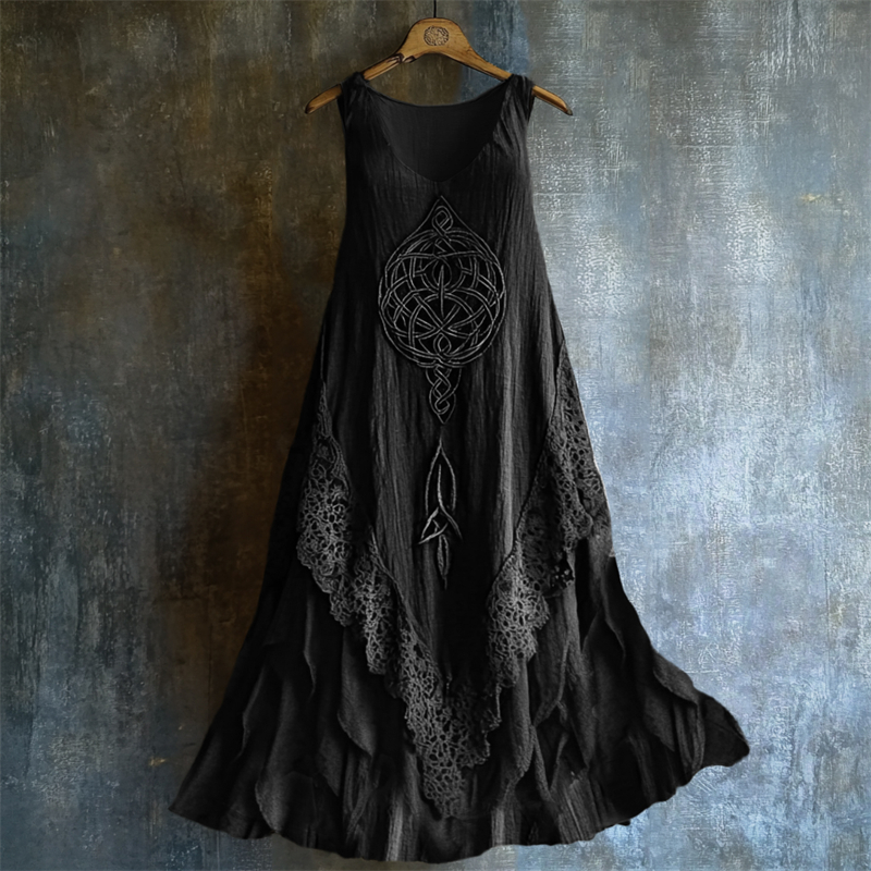 Viking Celtic Knot Lace Hem Layered Linen Tank Dress Viking Celtic Knot Lace Hem Layered Linen Tank Dress