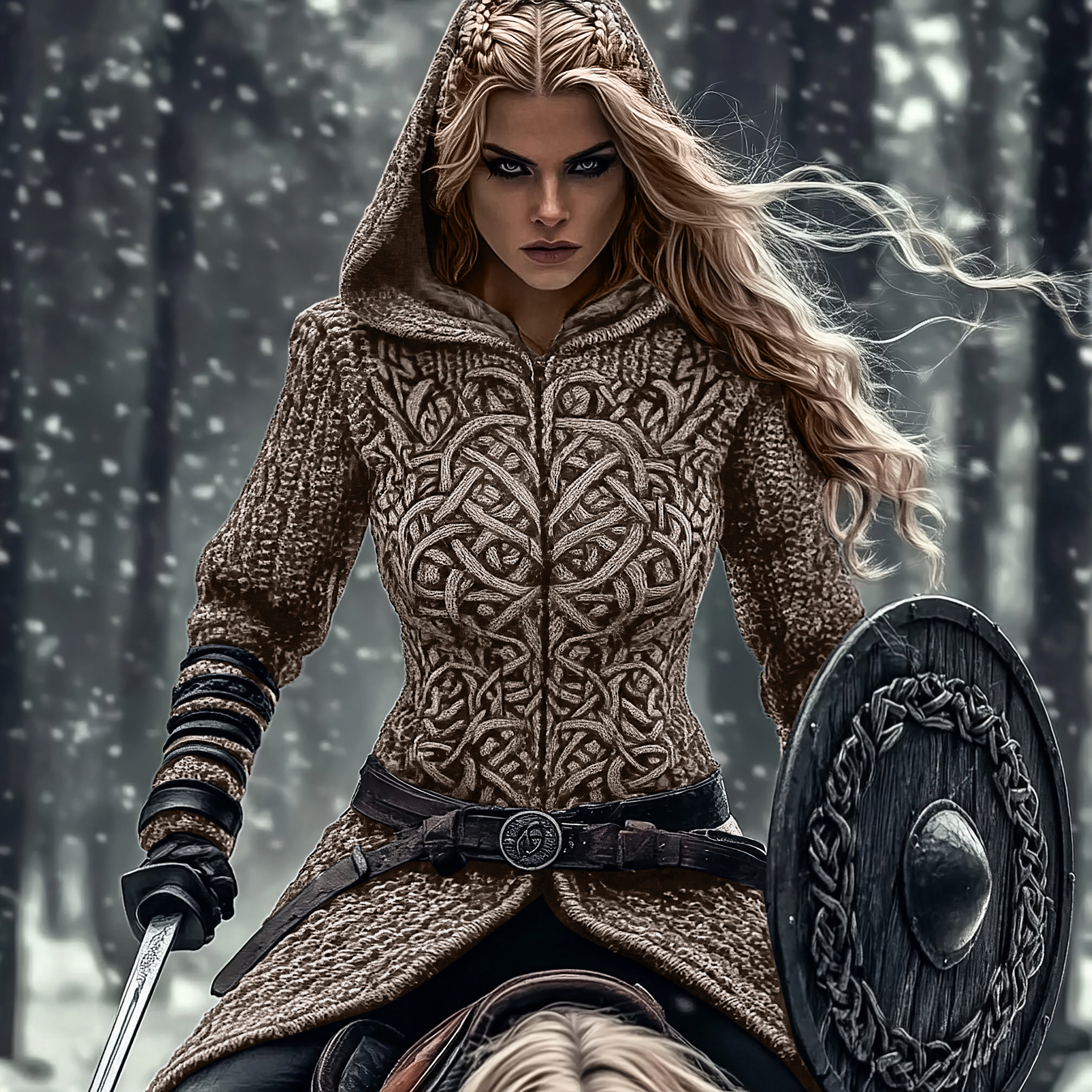 Women's Viking Tribal Jacquard Celtic Chunky Knit Zip-up Hooded Sweater