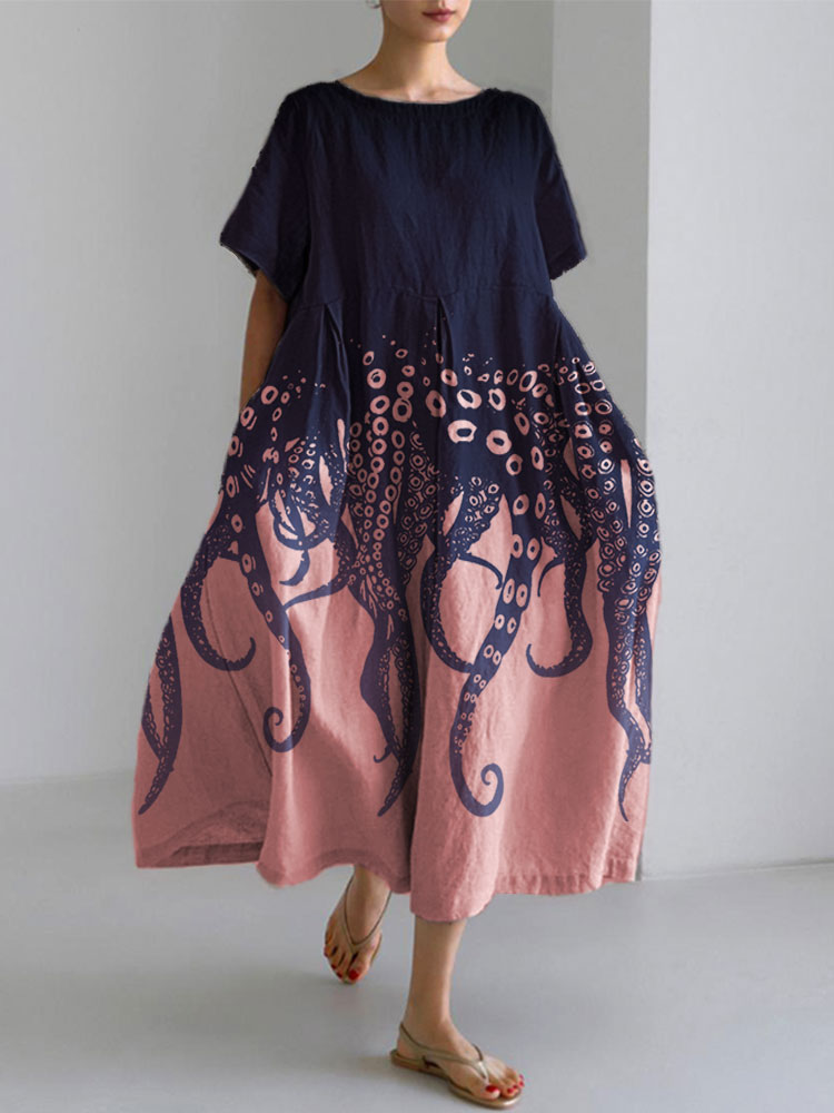 Ocean Octopus Japanese Art Linen Blend Casual Dress Ocean Octopus Japanese Art Linen Blend Casual Dress
