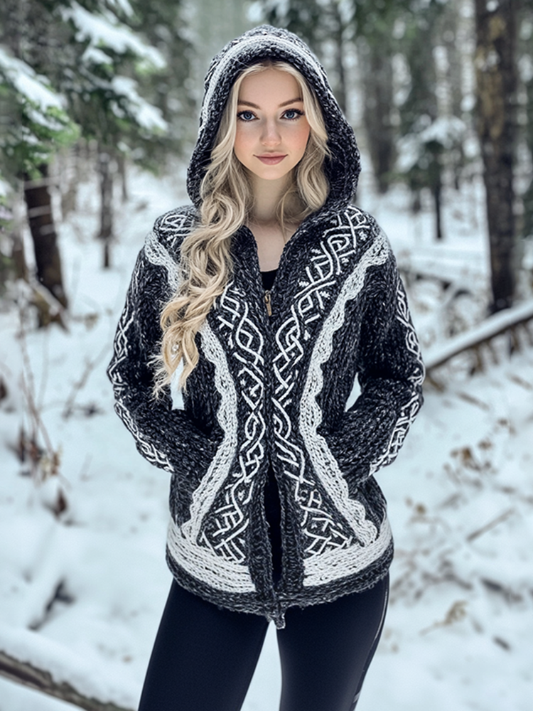 Women's Vintage Celtic Knot Jacquard Cozy Knit Hooded Cardigan
