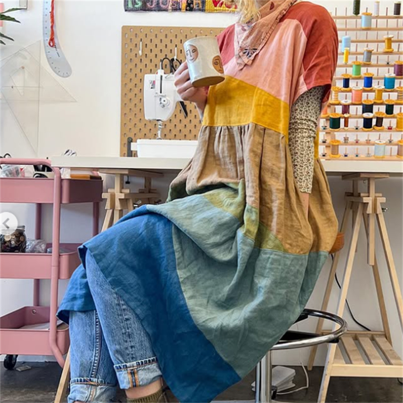 Colorful Earthy Landscape Patchwork Linen Dress Colorful Earthy Landscape Patchwork Linen Dress