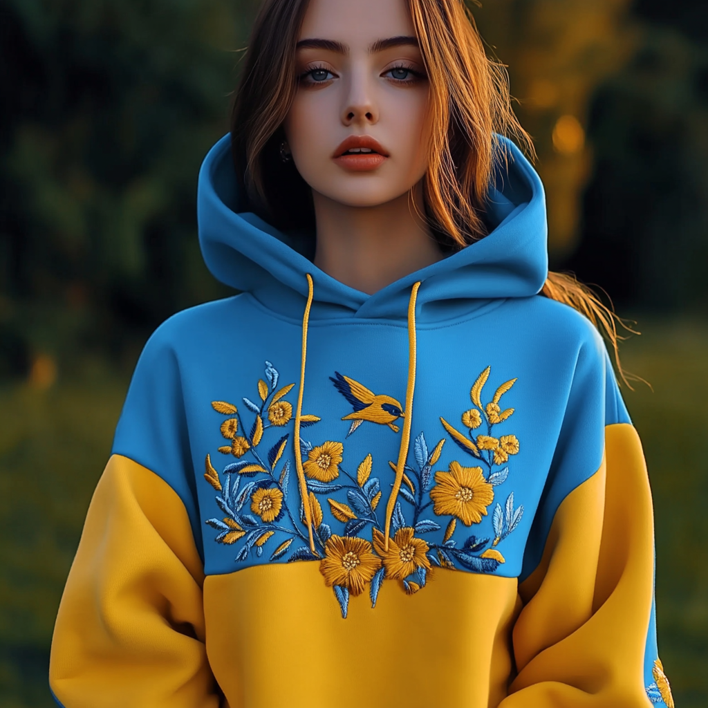 Women's Ukrainian Bird And Flower Embroidery Contrast Color Hoodie Women's Ukrainian Bird And Flower Embroidery Contrast Color Hoodie
