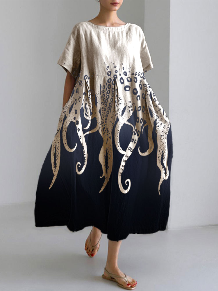 Ocean Octopus Japanese Art Linen Blend Casual Dress Ocean Octopus Japanese Art Linen Blend Casual Dress