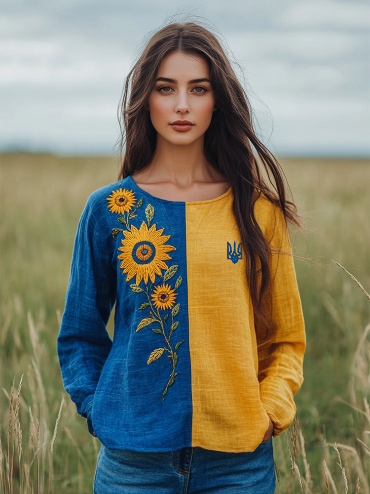 Ukraine Sunflower Embroidery Art Blend Linen Round Neck T-shirt