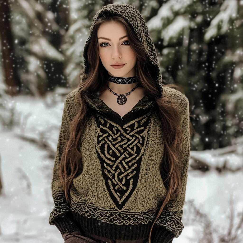 Women's Viking Style Celtic Knot Knitted Jacquard Hooded Sweater Women's Viking Style Celtic Knot Knitted Jacquard Hooded Sweater