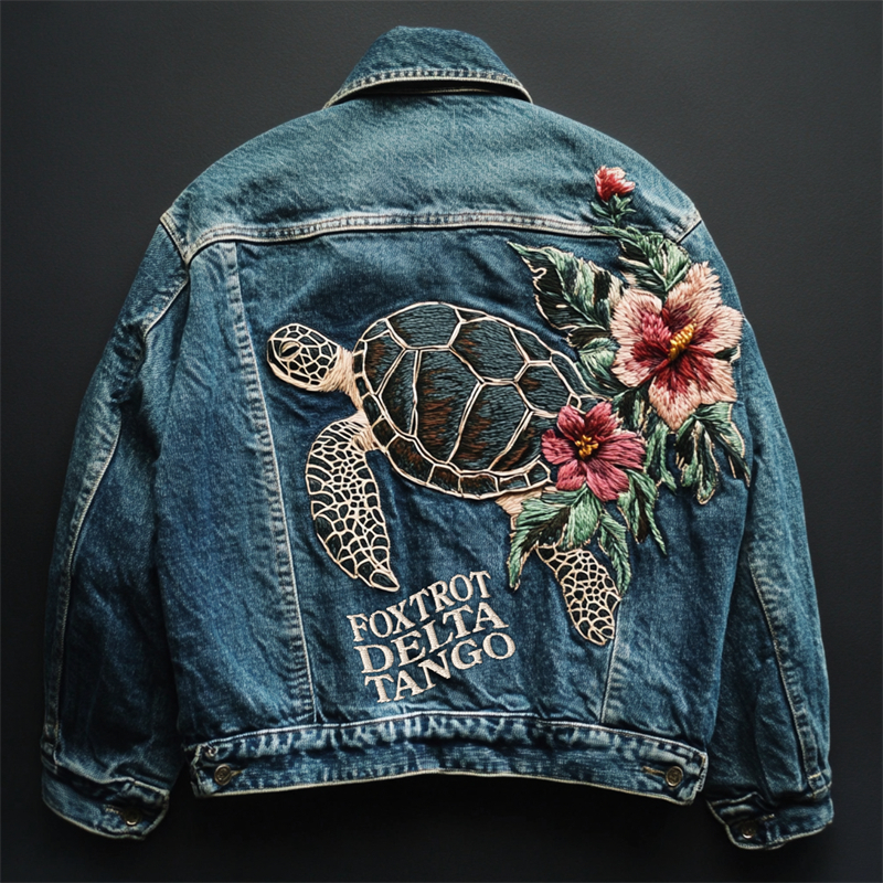 Foxtrot Data Tango Gulf Of Mexico Turtle Floral Embroidered Denim Jacket Foxtrot Data Tango Gulf Of Mexico Turtle Floral Embroidered Denim Jacket