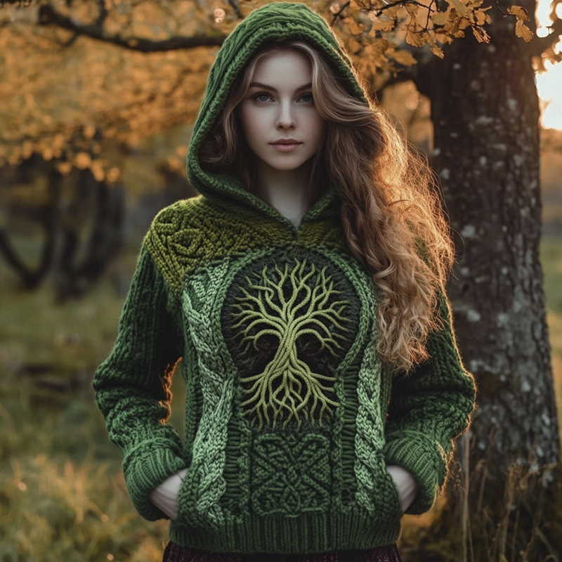 Viking Tree Of Life Knit Pattern Women's Hooded Sweater Viking Tree Of Life Knit Pattern Women's Hooded Sweater